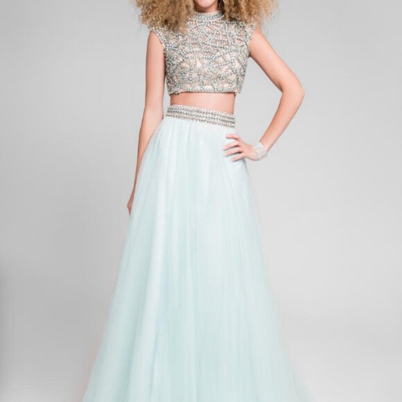 Terani Couture 2 Piece Aqua Prom Gown with Tulle Skirt and Beaded Top